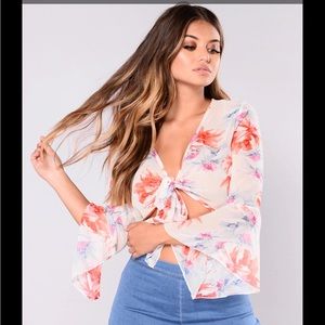 Fashion Nova Sheer Cropped Floral Tie Top w/ Bell Sleeves